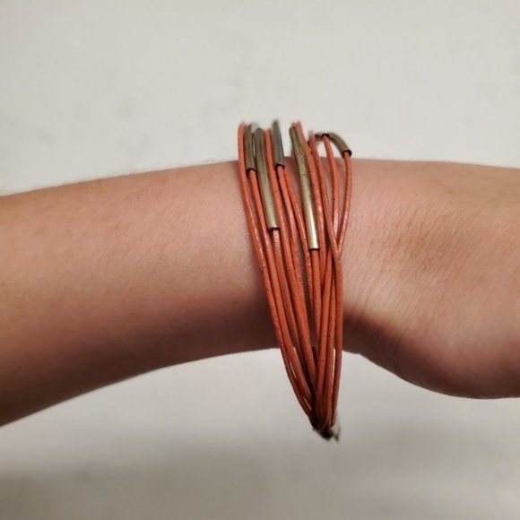 Burnt Orange Faux Leather Strappy Bracelet Gold Preppy Boho Neutral Work Office - Picture 2 of 7